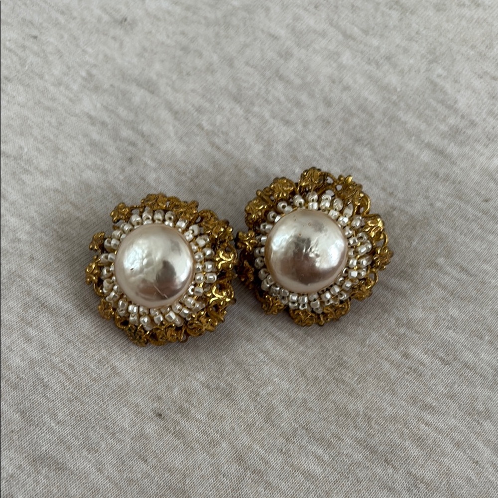 Miriam Haskell Gold and White Pearl Earrings